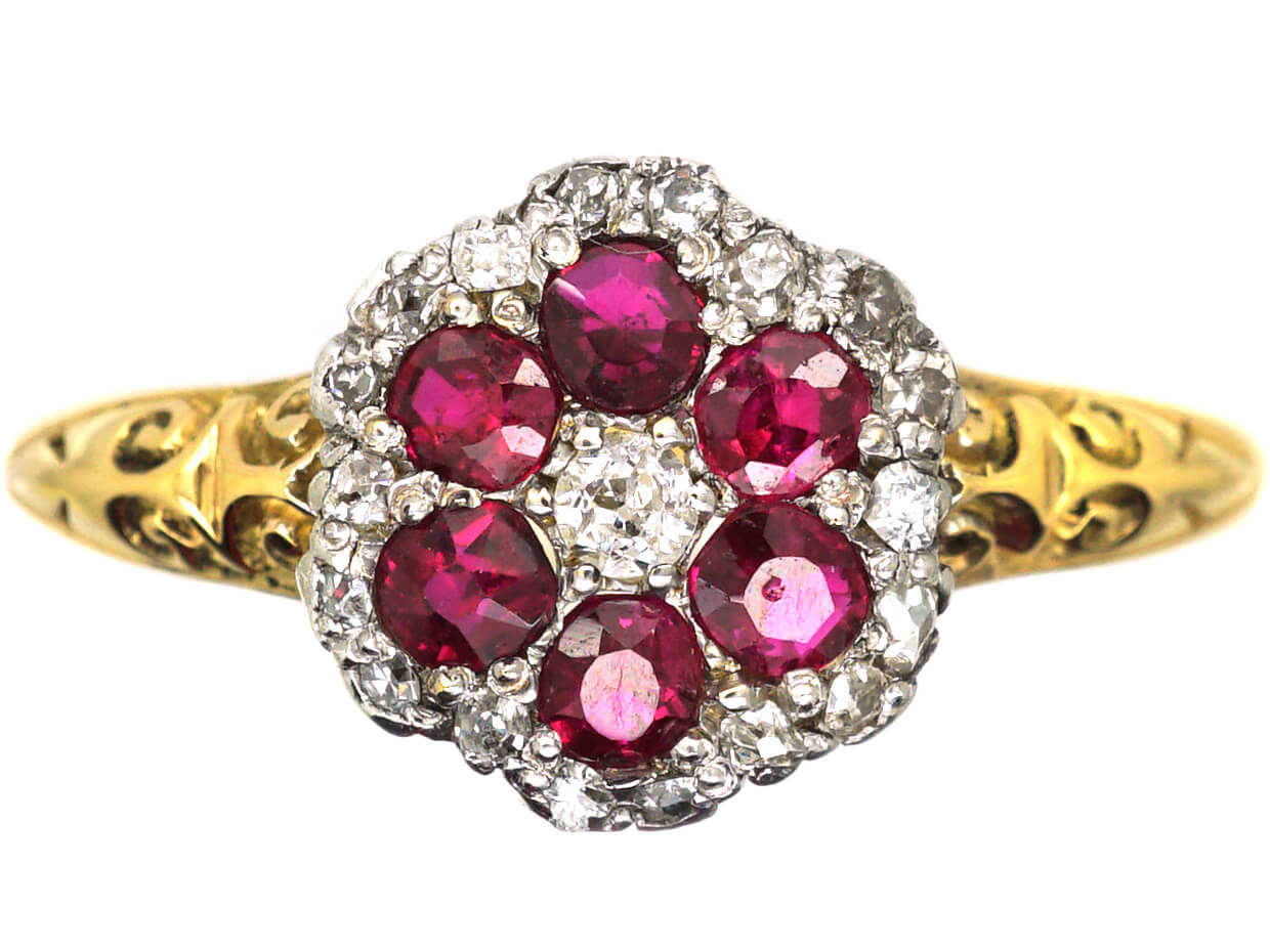 Edwardian 18ct Gold, Ruby & Diamond Cluster Ring with Ornate Shoulders