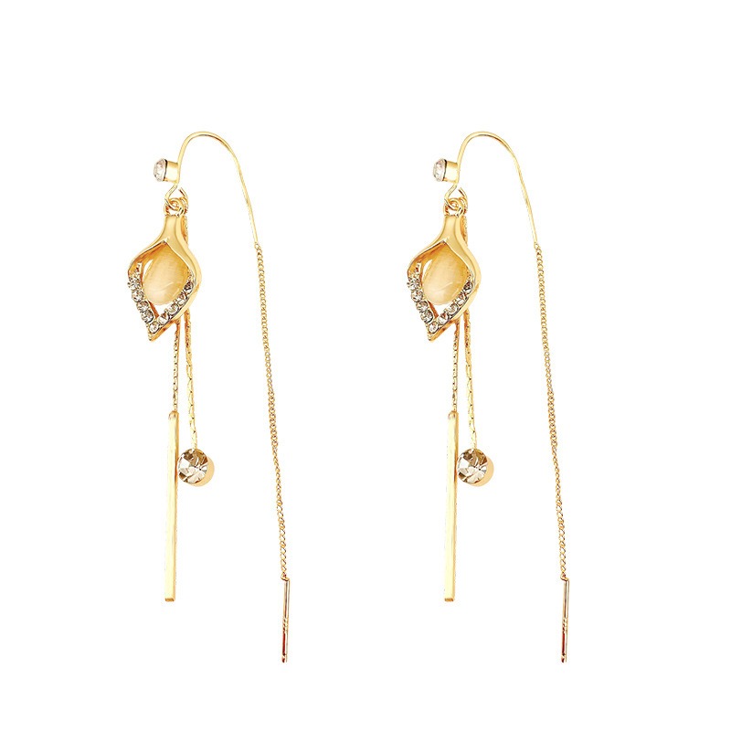 Elegant Gold-Tone Long Drop Earrings with Crystal Accents