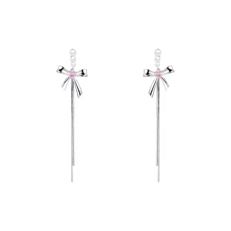 Elegant Pearl Bow Drop Earrings with Silver Threader Tassels - Delicate Statement Jewelry for Women