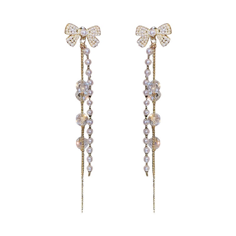 Elegant Crystal Bow Pearl Drop Earrings - Dazzling Statement Jewelry for Women